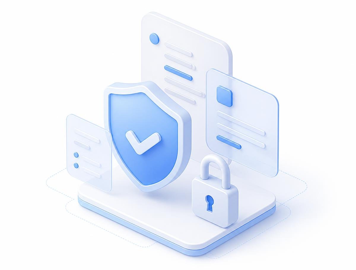 Illustration of a security shield, padlock and policy documents